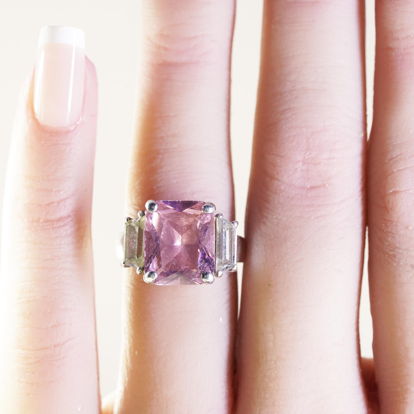 Size 8.25, Vintage Sterling 925 silver ring with square pink Quartz clear cz