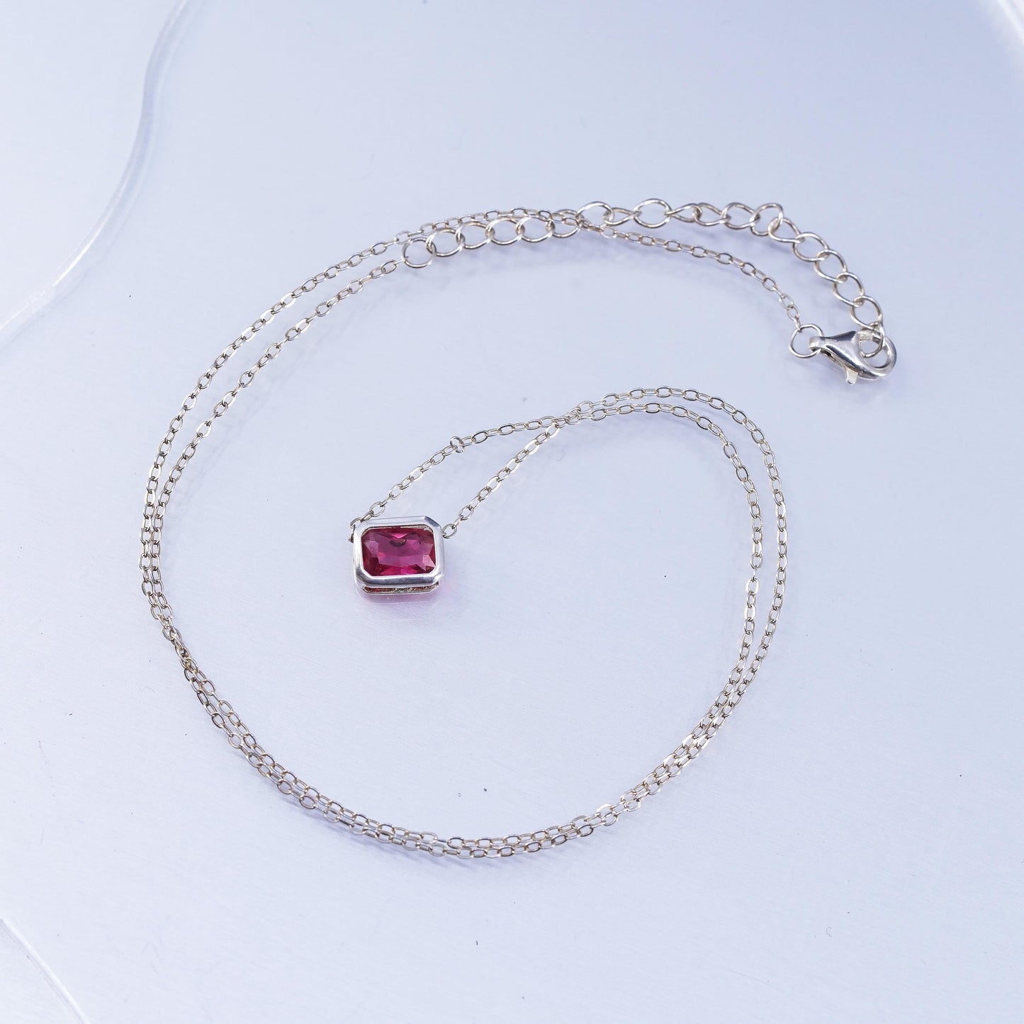 16+2”, vintage Sterling 925 silver flatten circle necklace with pendant pink Cz