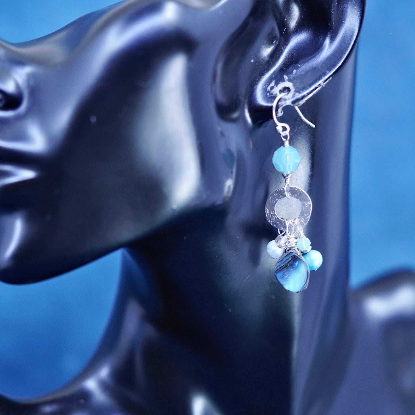 Rare 925 Sterling 925 Silver handmade pearl abalone bead dangly earrings