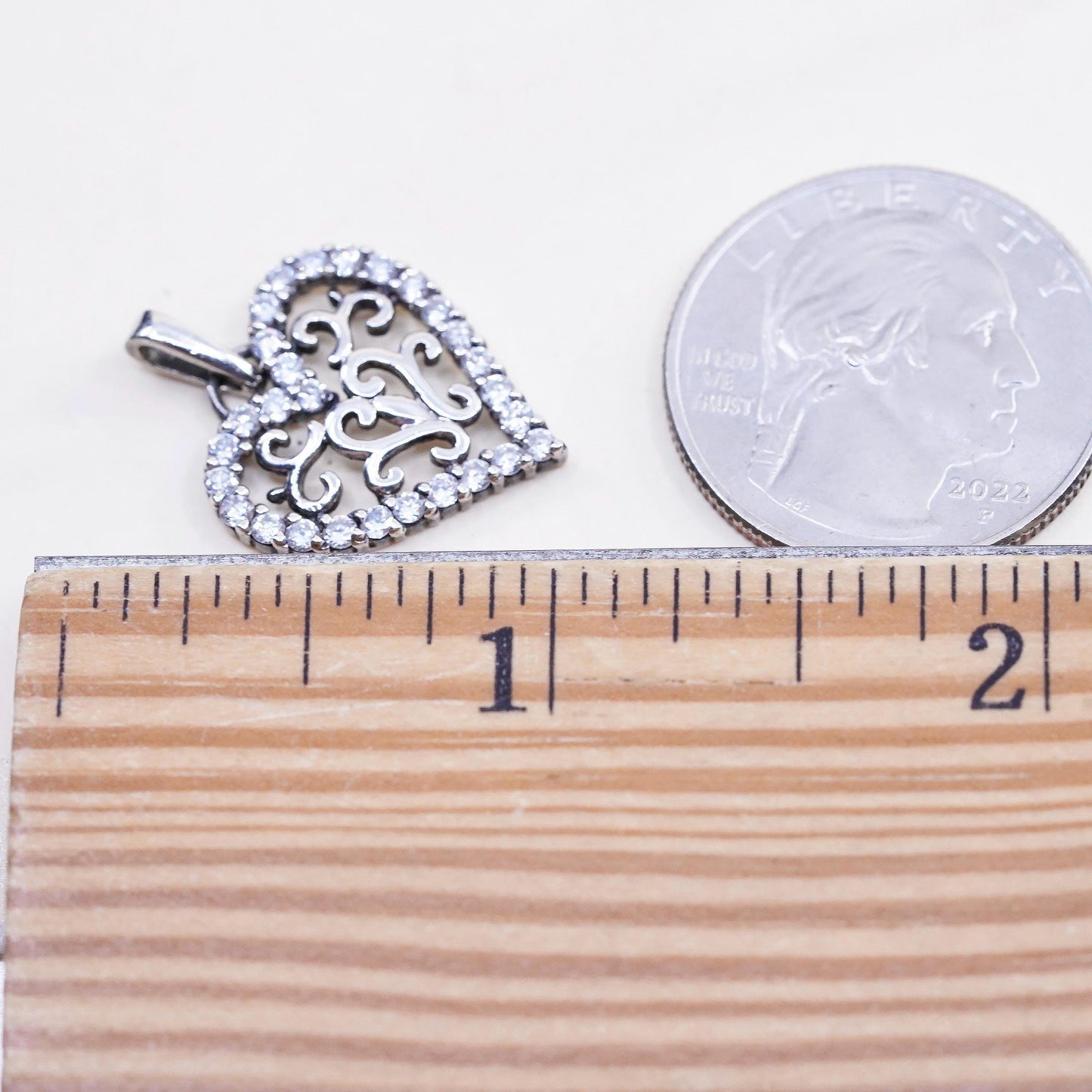 Vintage sterling silver filigree heart charm, 925 pendant with cluster Cz