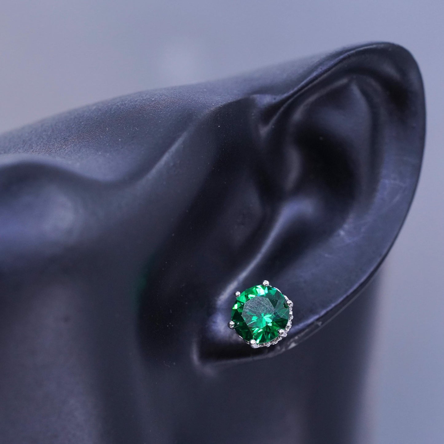 Vintage Sterling 925 silver handmade earrings, studs w/ emerald cz on the side