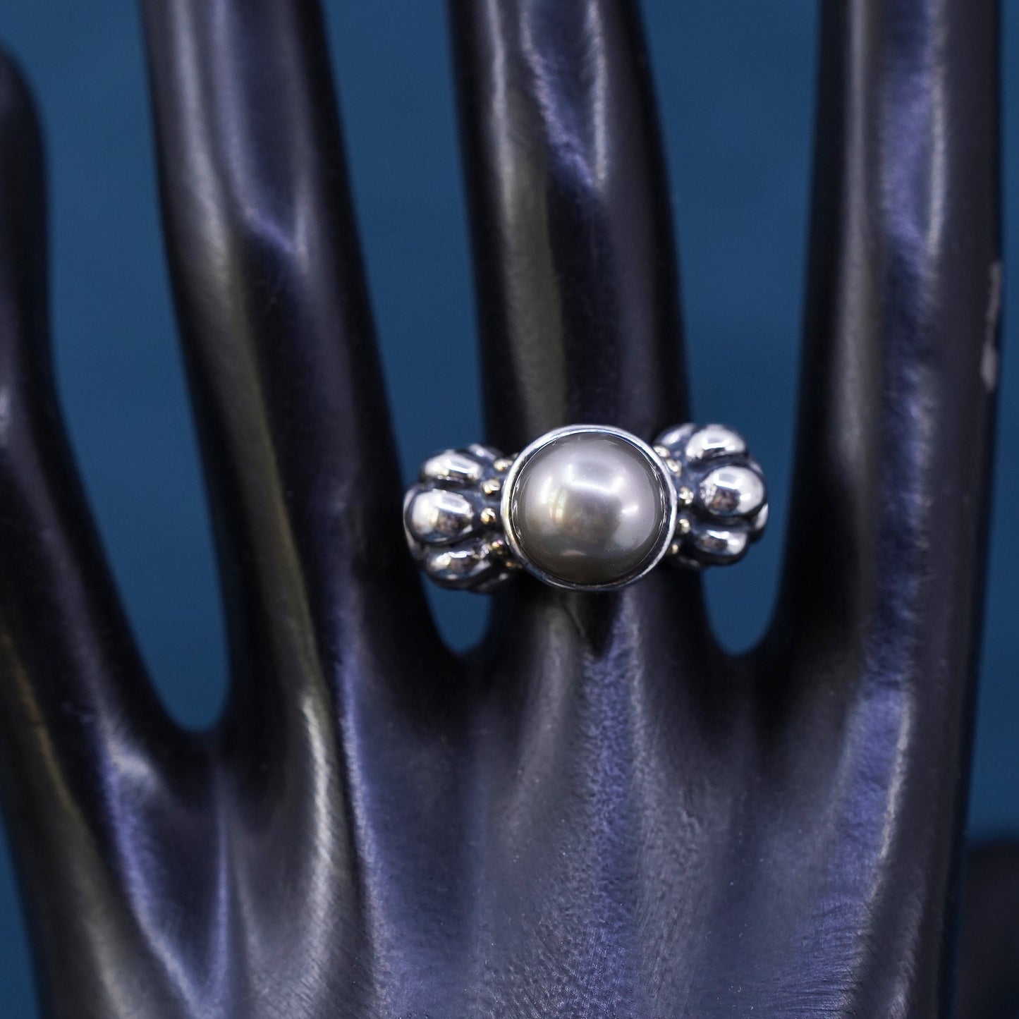 Size 7, vintage Israel Sterling silver handmade beaded ring with pearl