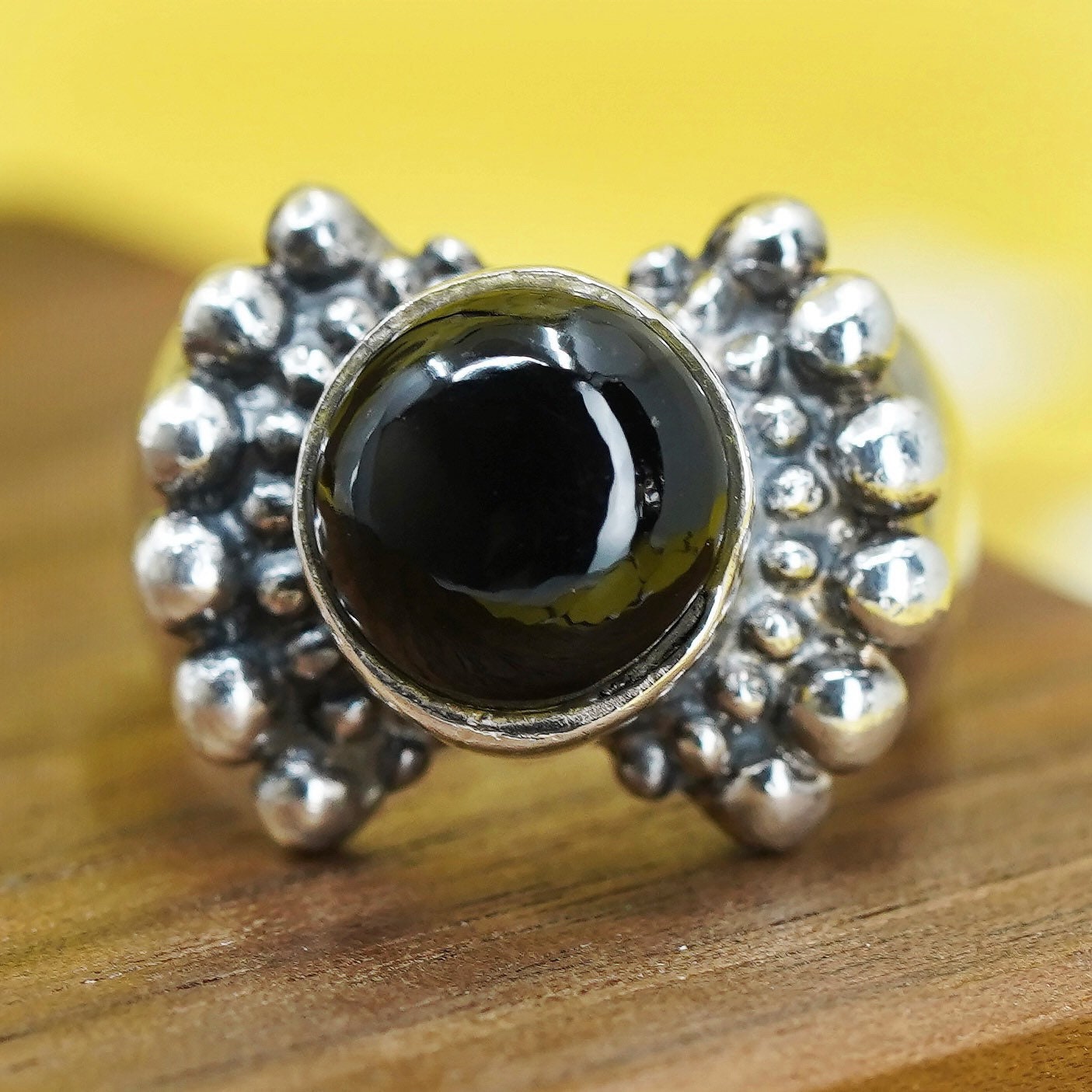 Size 6.5, vintage Sterling 925 silver handmade ring with obsidian and beads