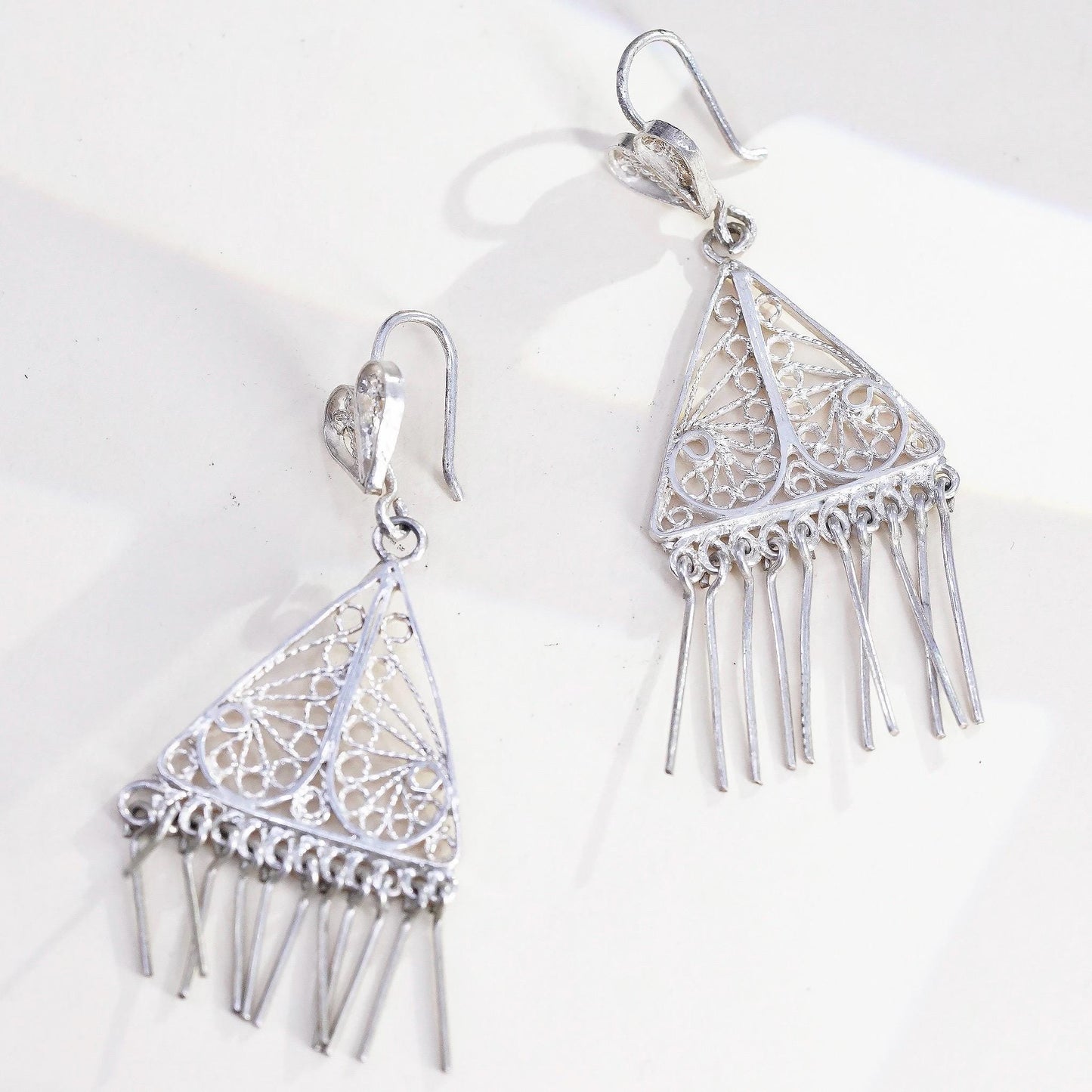 Vintage sterling silver handmade earrings, 925 filigree triangle with fringes