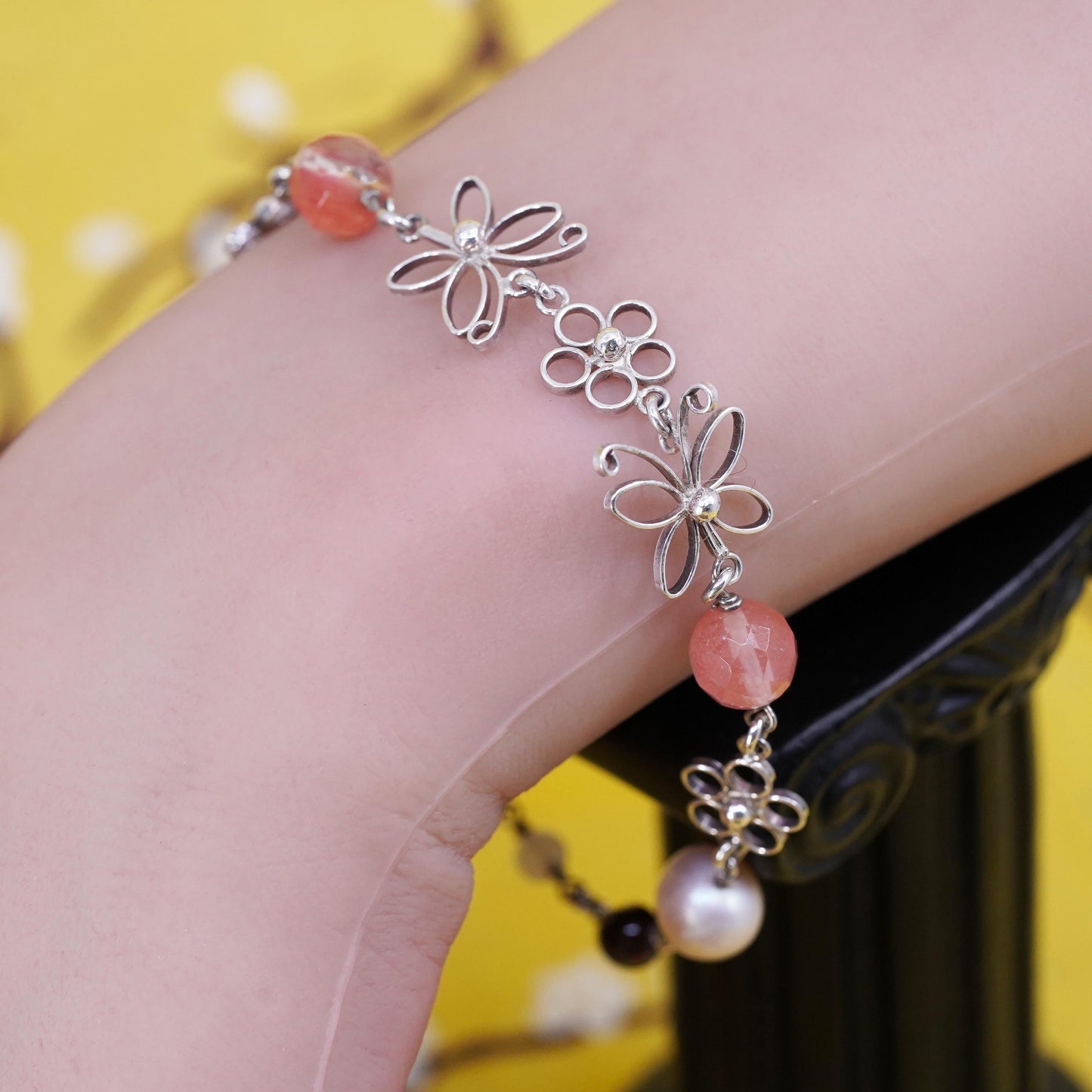 7", VTG Sterling 925 silver butterfly flower bracelet rose pink quartz pearl