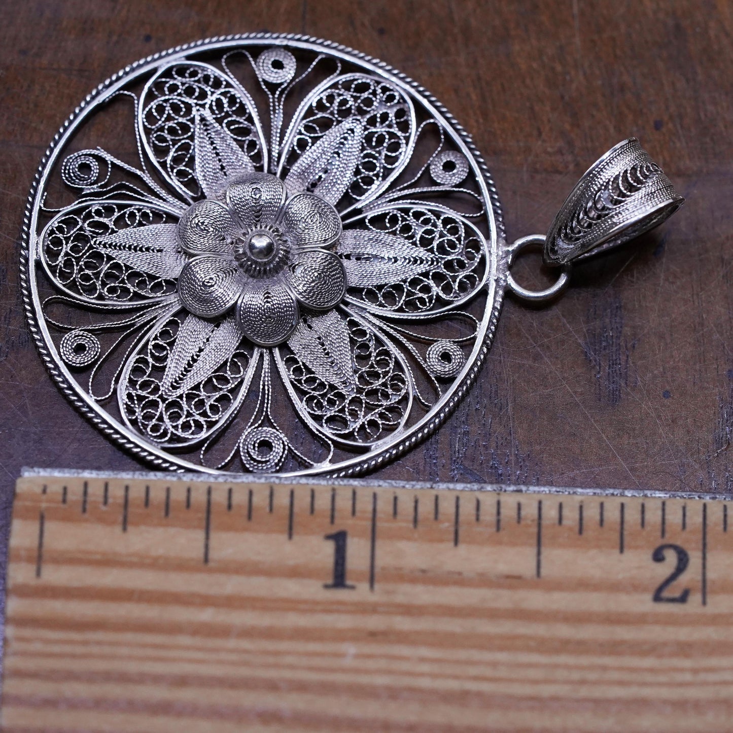 Vintage Sterling silver handmade pendant, 925 filigree flower, silver tested