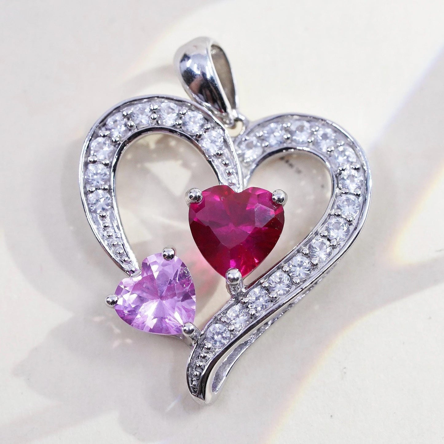 VTG SUN 925 Sterling silver Pendant, pink sapphire ruby heart cluster diamonds
