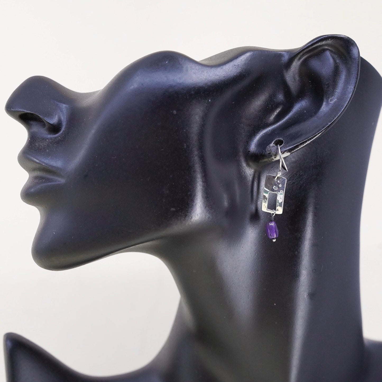 Vintage Far Fetched Sterling 925 Silver Handmade rectangular Earrings amethyst