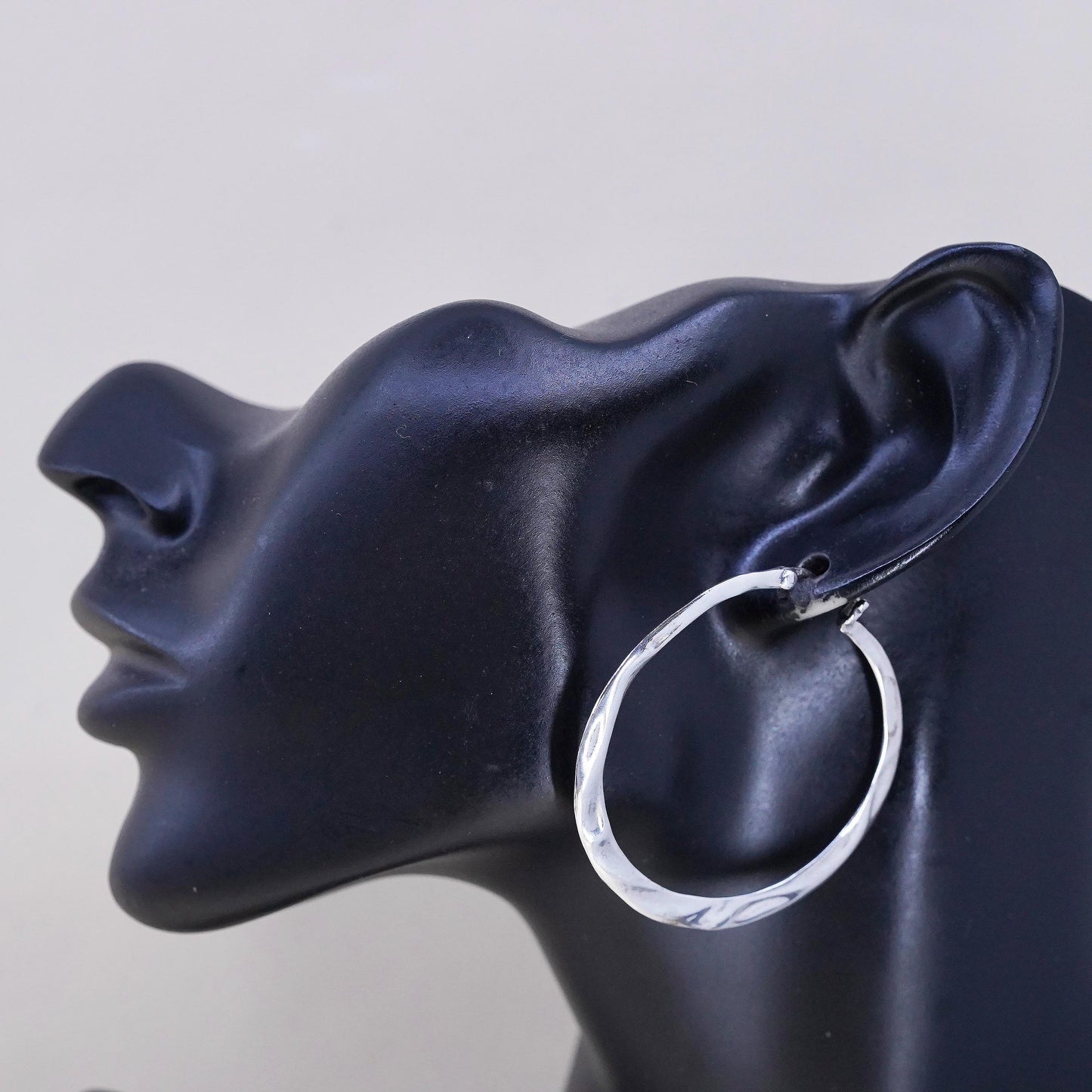 1.75", Vintage Huge 925 sterling silver loop earrings, flatten textured hoops