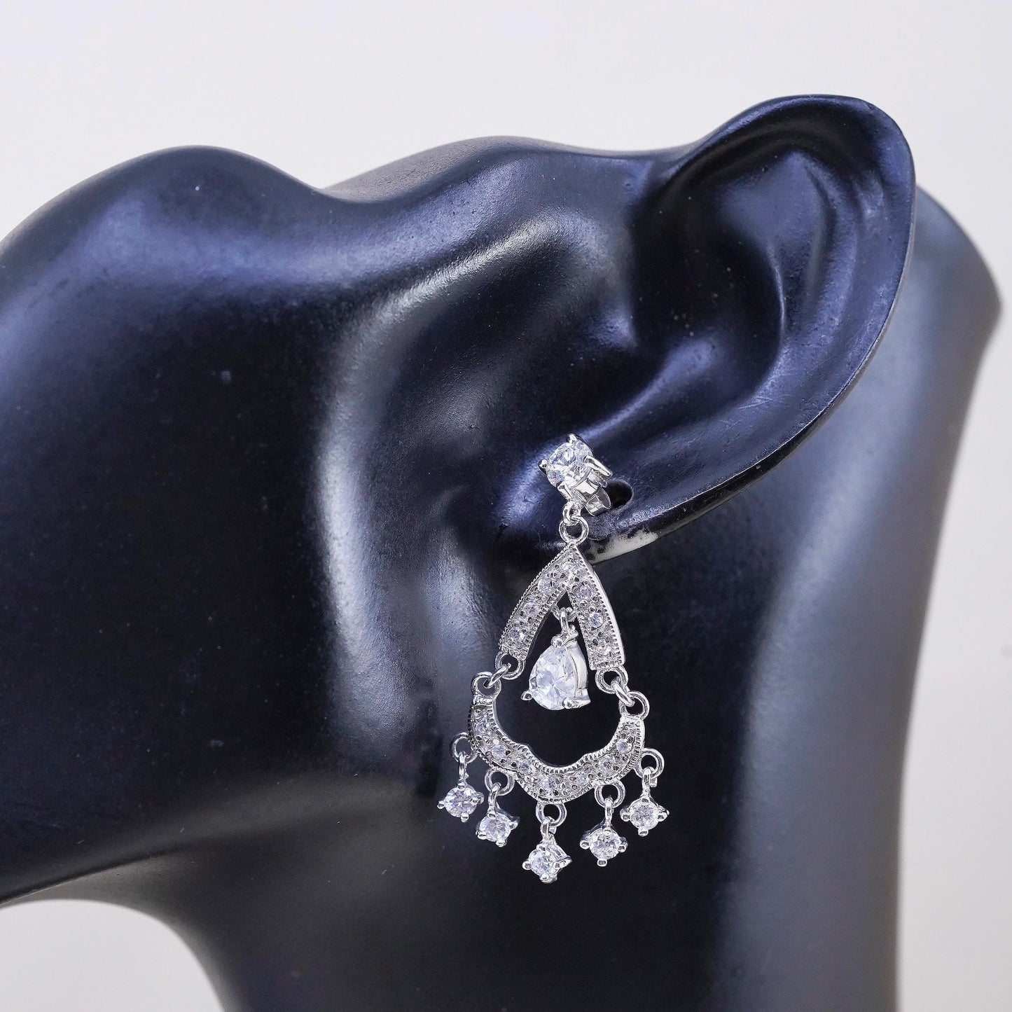 925 Sterling Silver CZ Chandelier Earrings, Teardrop Dangles, Art Deco Bridal