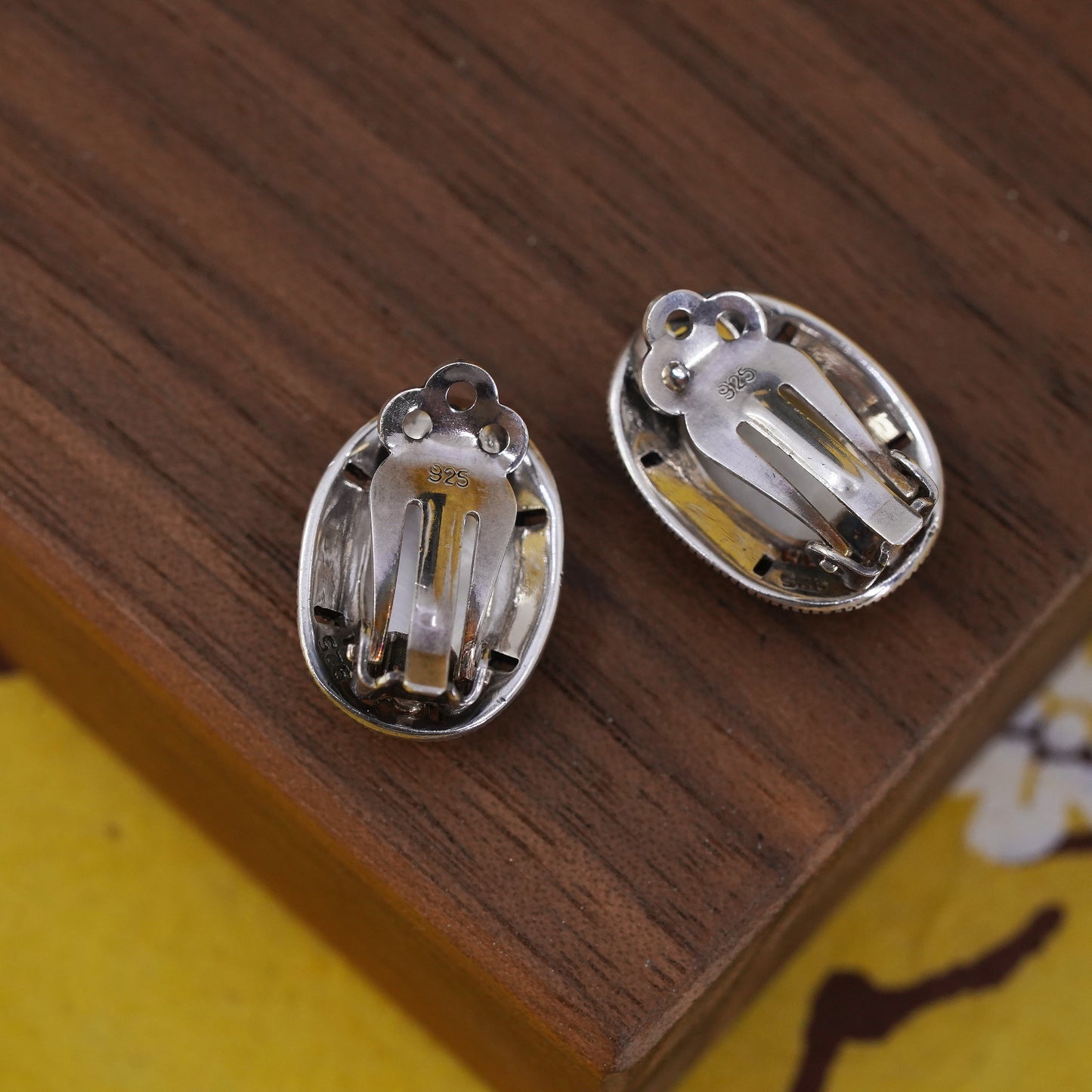 Mexico Sterling silver earrings, 925 oval mother of pearl clip on marcasite