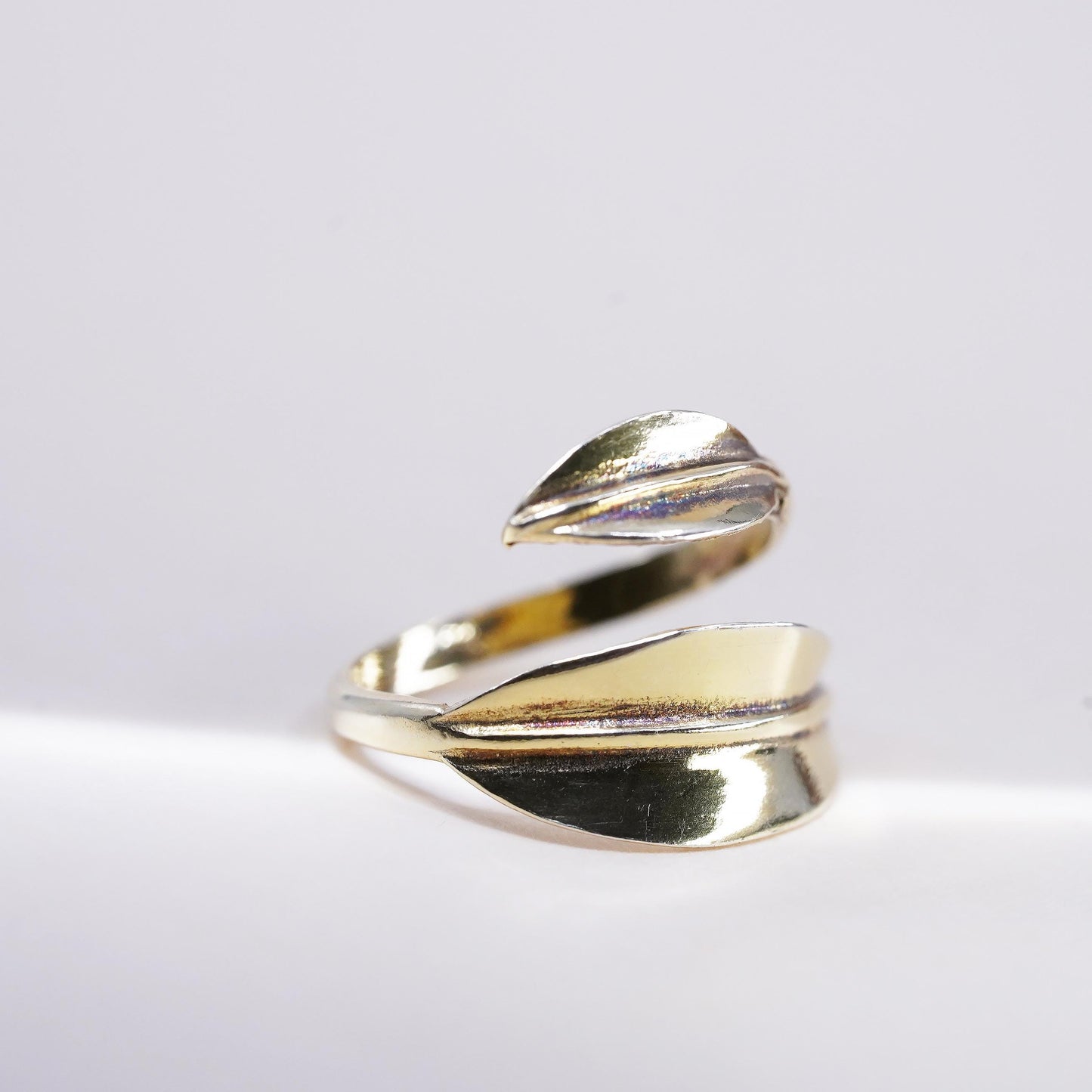 Size adjustable, Yellow Gold Plated sterling silver ring, 925 leaf wrap band