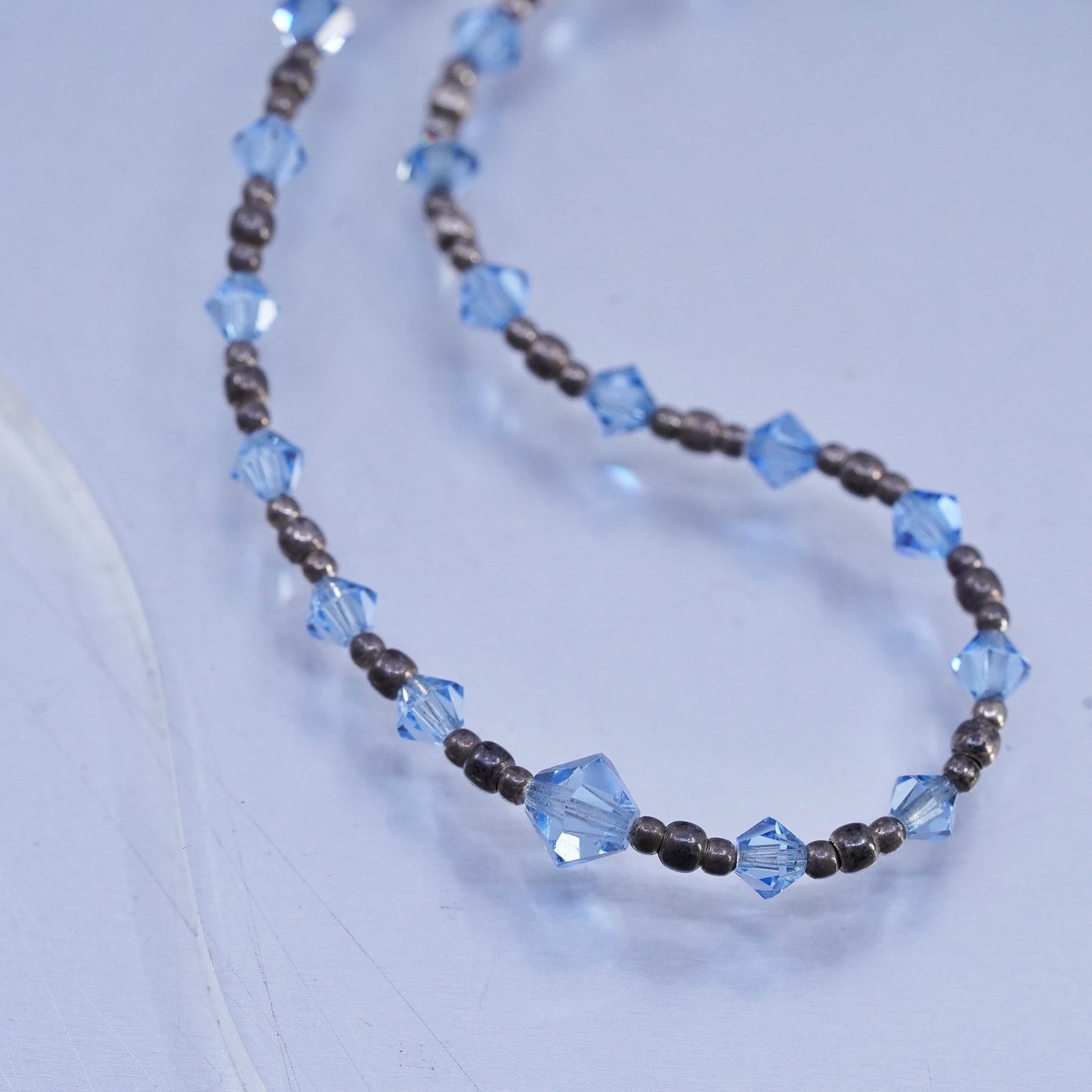18", Vintage Sterling handmade necklace, 925 Silver beads W/ blue Crystal Beads