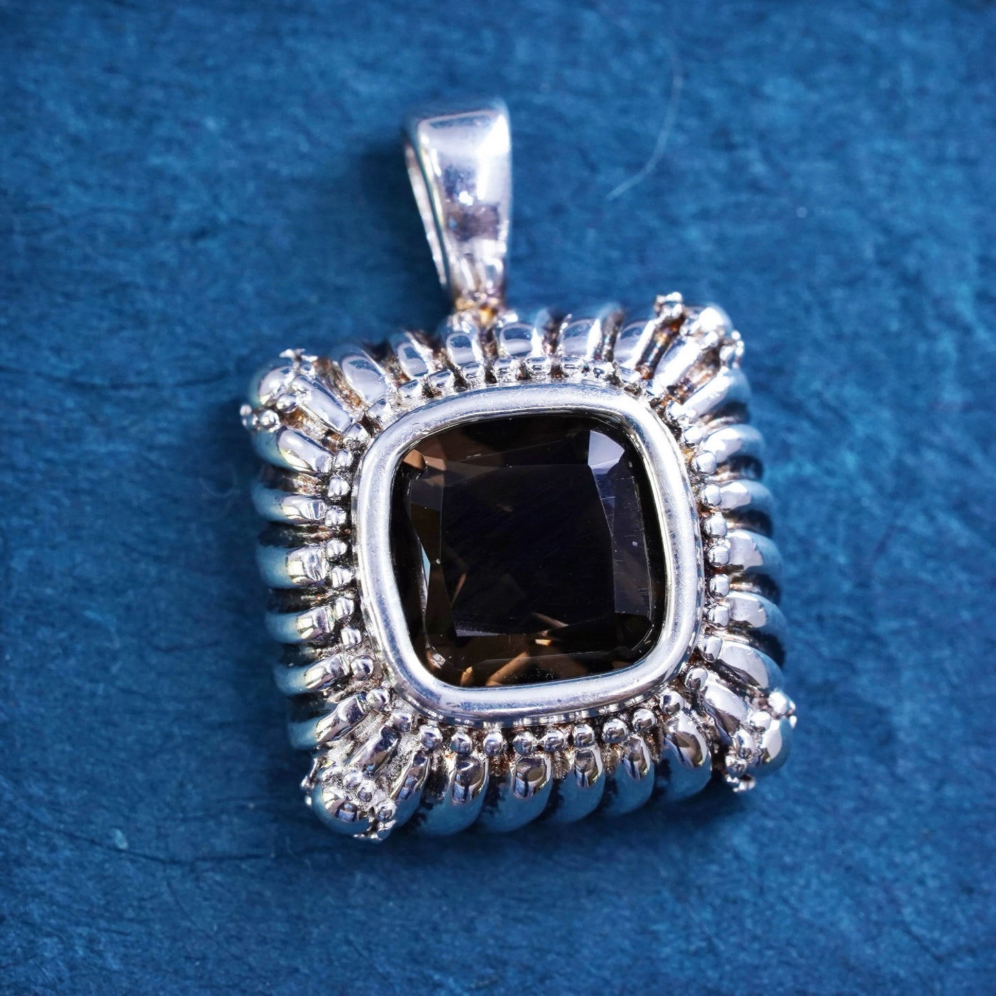 Vintage Sterling 925 silver handmade square pendant with smoky quartz