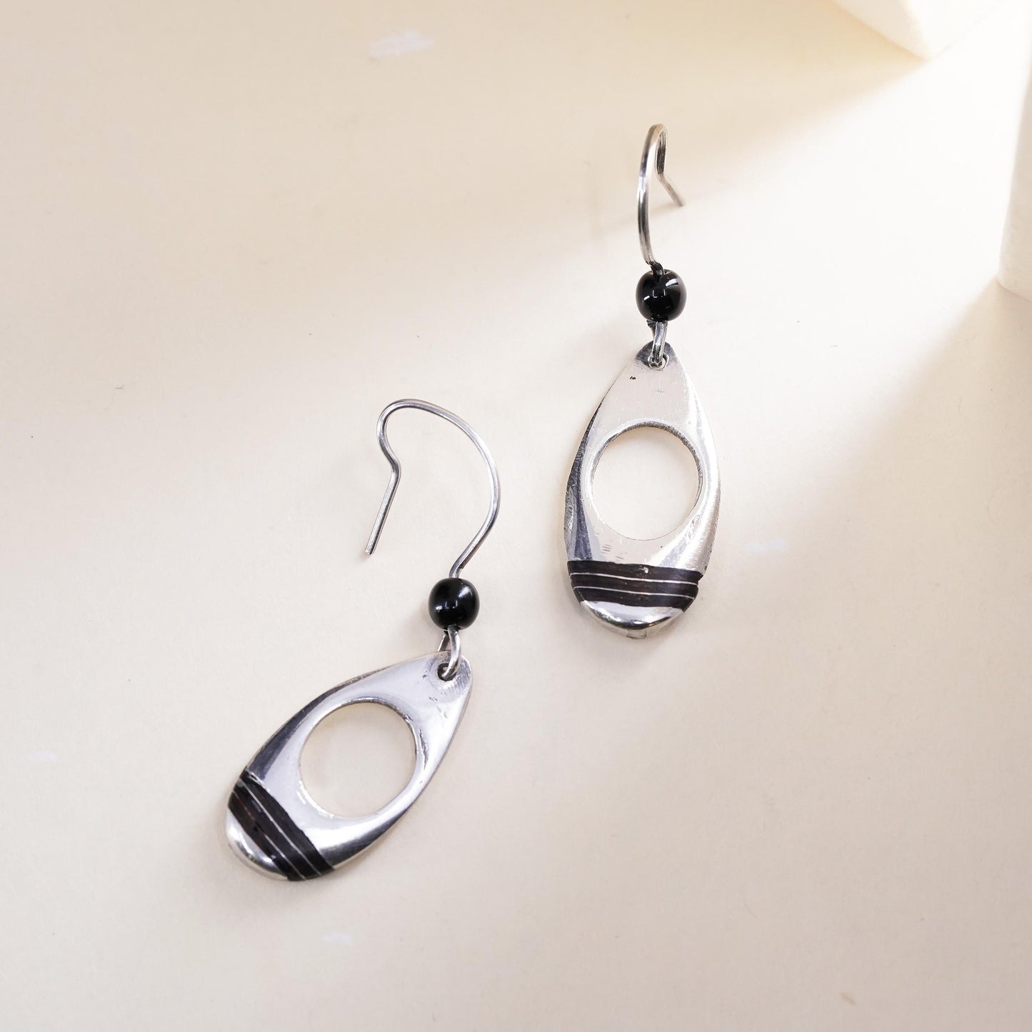Vintage Southwestern Sterling silver handmade earrings, 925 oval dangles enamel