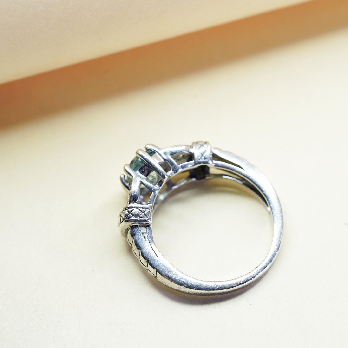 Size 7, vintage sterling silver handmade ring, 925 with blue topaz and cz