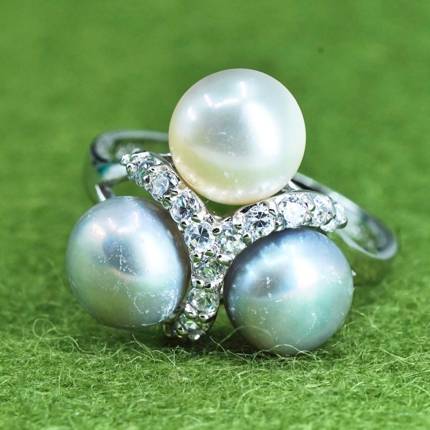 Size 9.25, vintage Sterling silver handmade ring, 925 band with pearls and cz