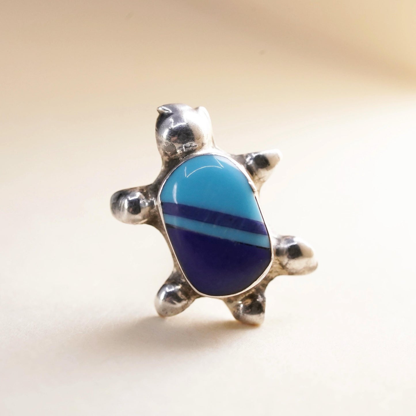 Vintage Sterling 925 silver handmade turtle stud with turquoise, single earring