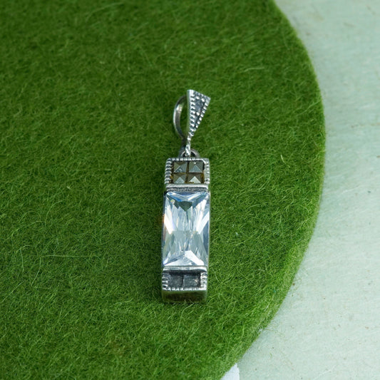 Vintage Sterling 925 silver handmade pendant with rectangular Cz and marcasite