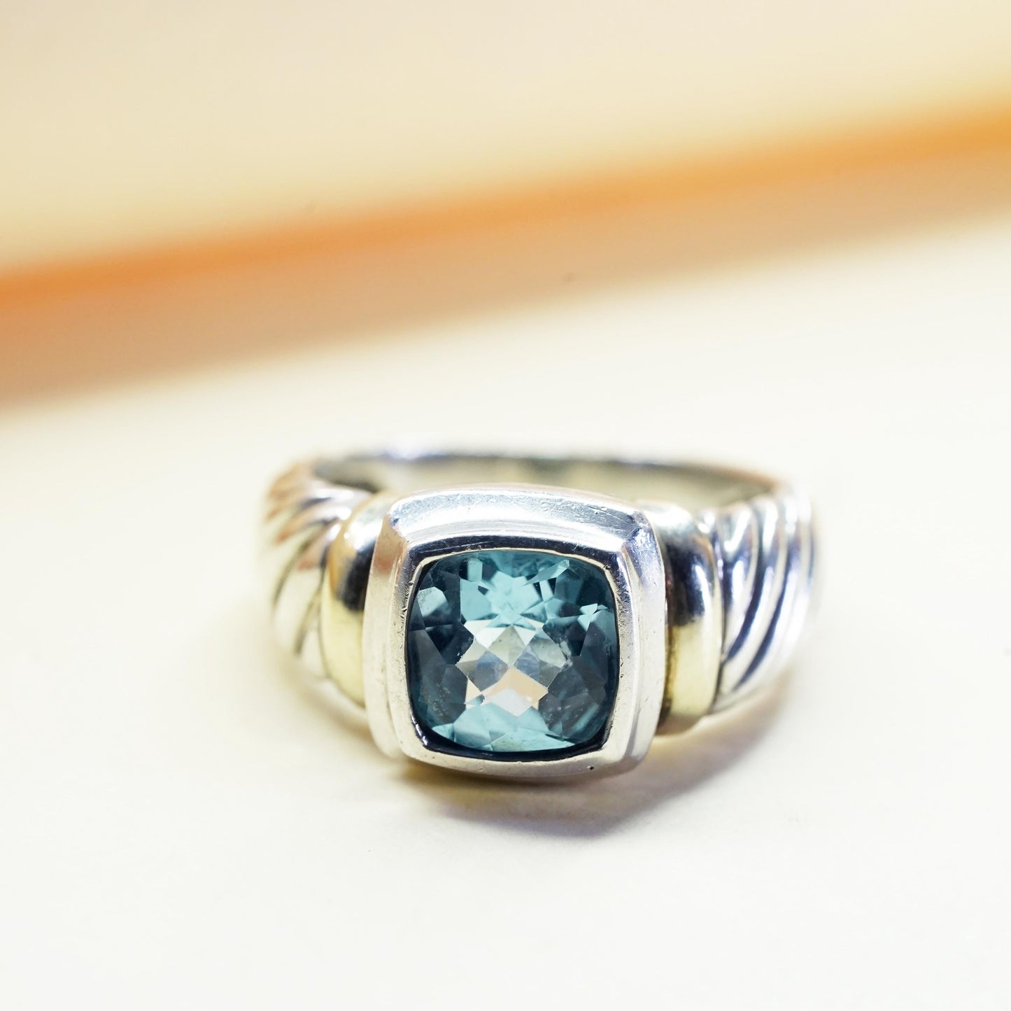 Size 8.75, David Yurman Sterling 925 silver cable ring square blue topaz 14K