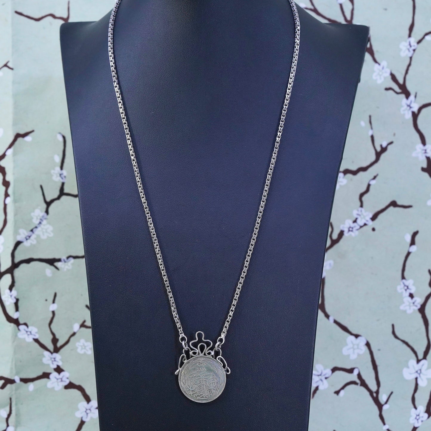 20”, Sterling 925 silver necklace, box chain 1917 Egyptian 50 piastres coin