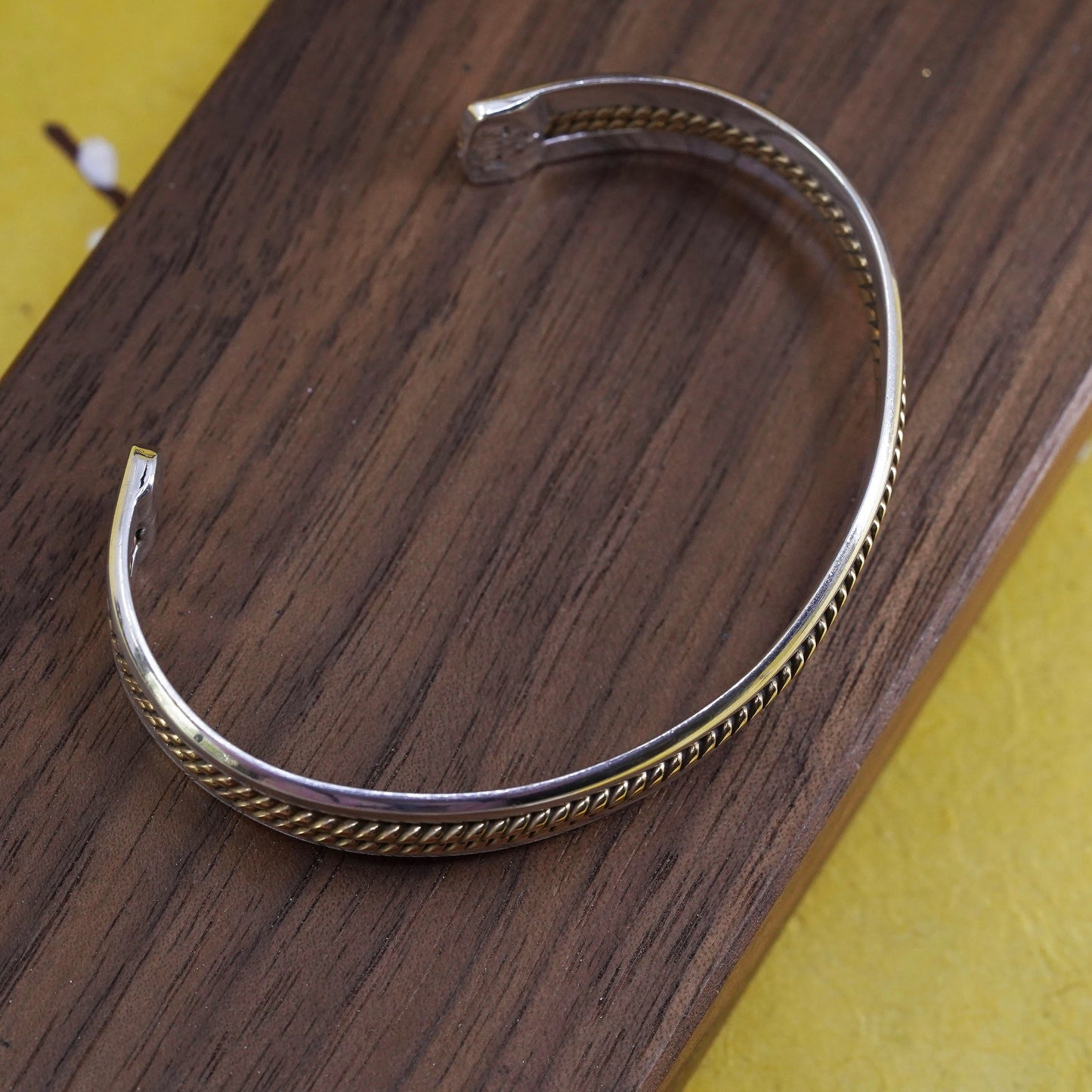 6.5”, two tone Mexican Sterling silver handmade bracelet, 925 cuff brass cable