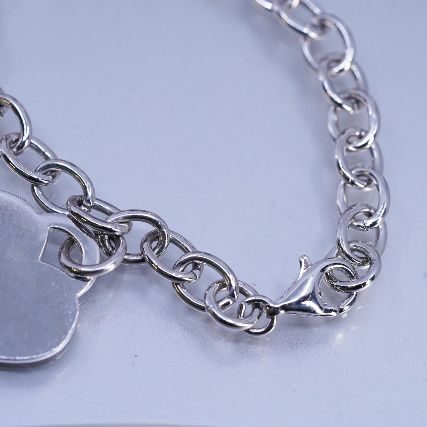 6.75", Vintage Sterling Silver Bracelet, 925 circle chain heart diamond charm