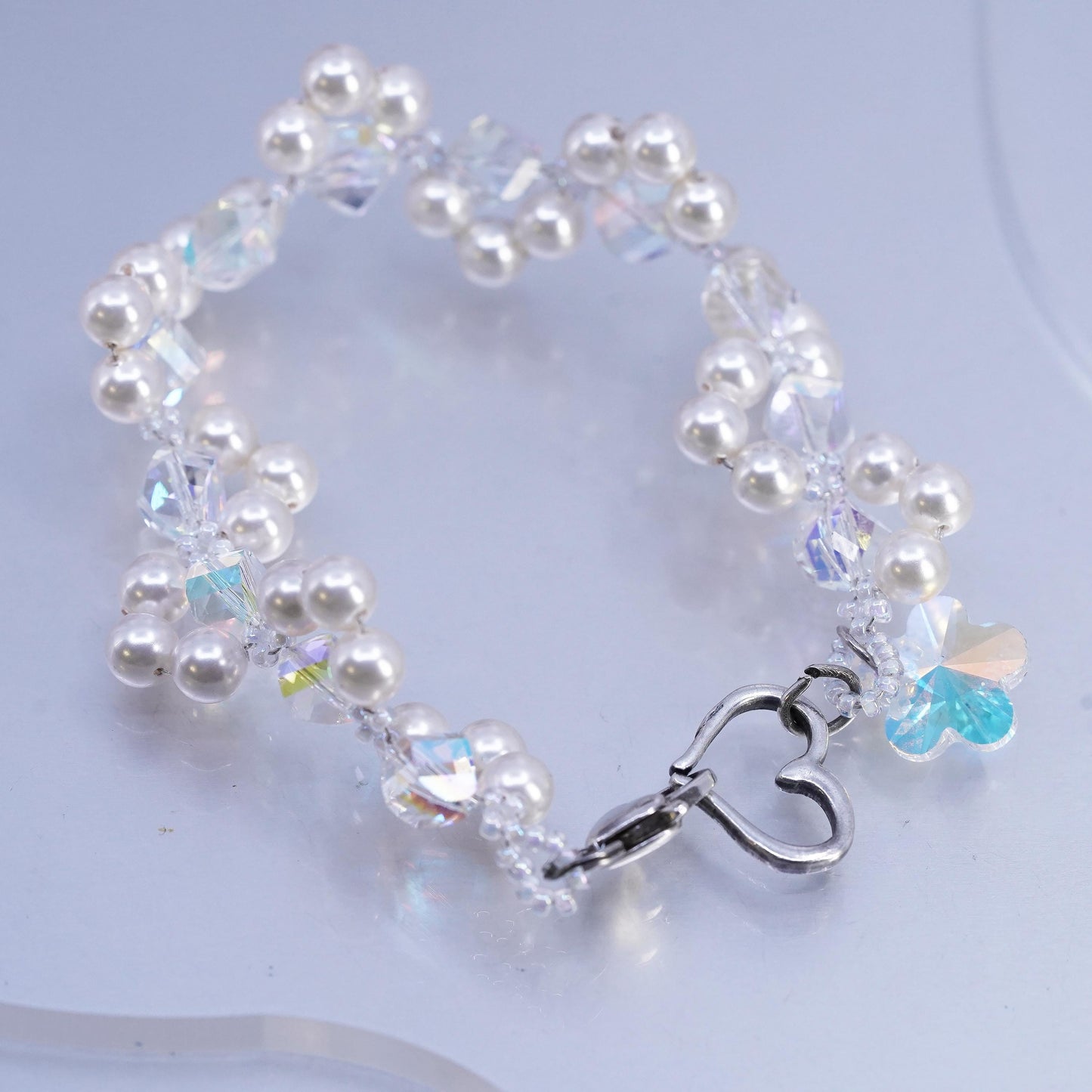7.25", Sterling 925 silver bracelet cluster faux pearl, AB crystal heart clasp