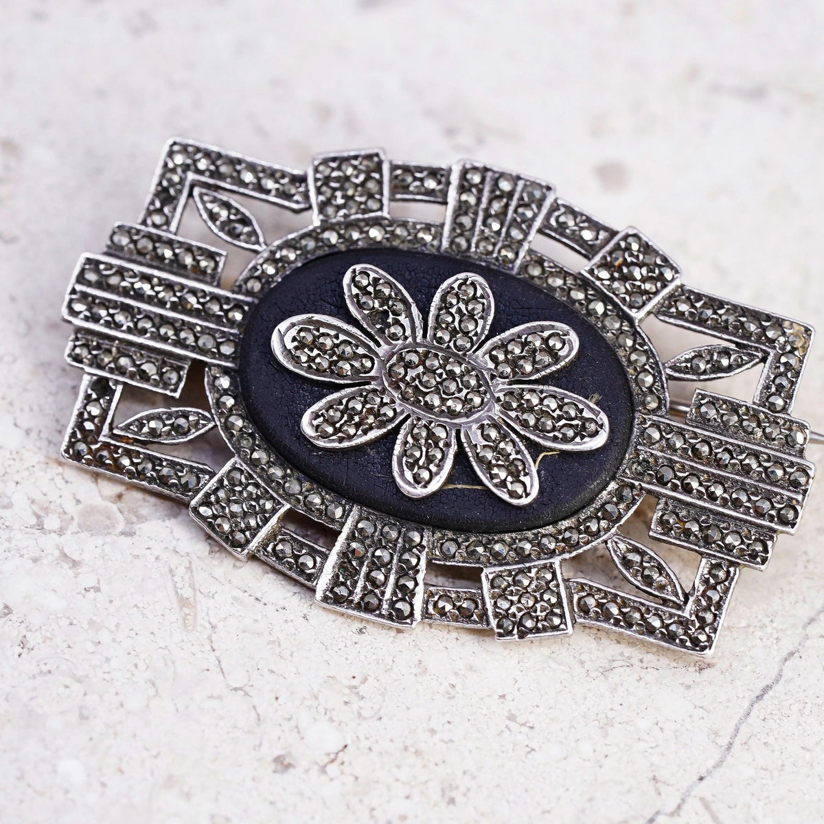 Sterling 925 Silver Onyx Marcasite Brooch Pin Art Deco Ornate Floral Jewelry