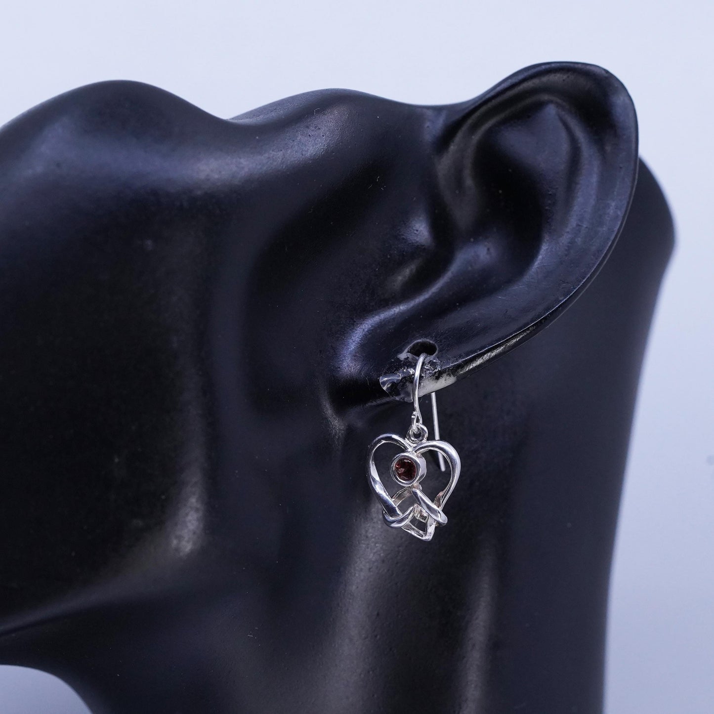 Vintage Sterling 925 silver heart earrings with garnet