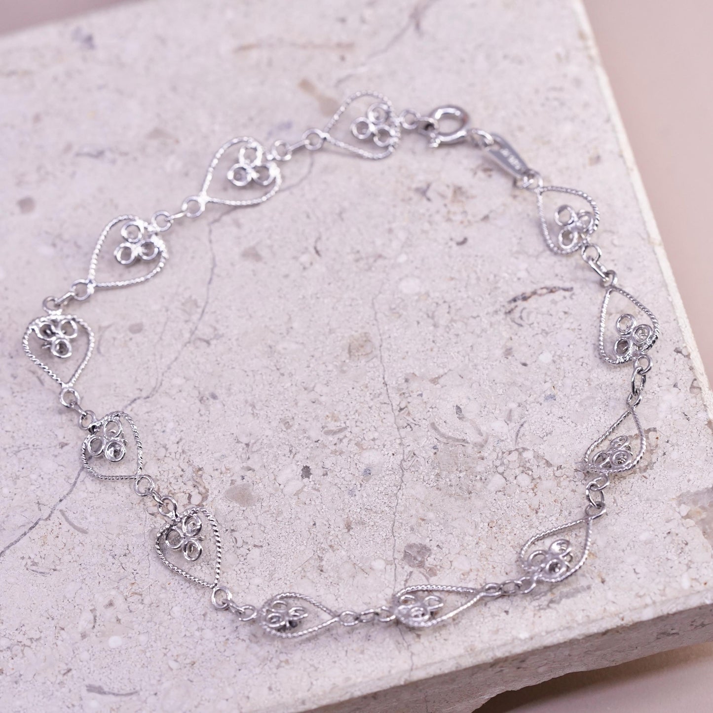 8.25", vintage sterling silver handmade bracelet, 925 filigree heart bracelet