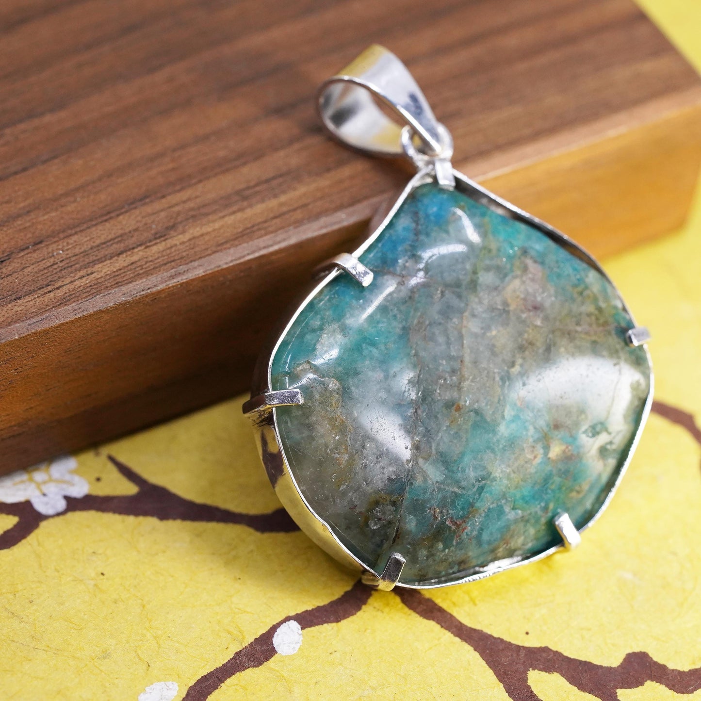 Vintage Sterling silver 925 handmade pendant with chrysocolla quartz