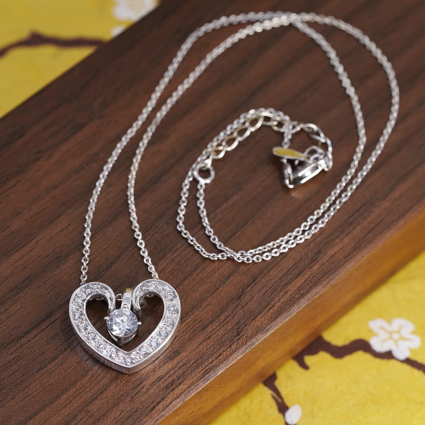 16+2", vintage Sterling silver necklace, 925 circle chain cluster heart pendant