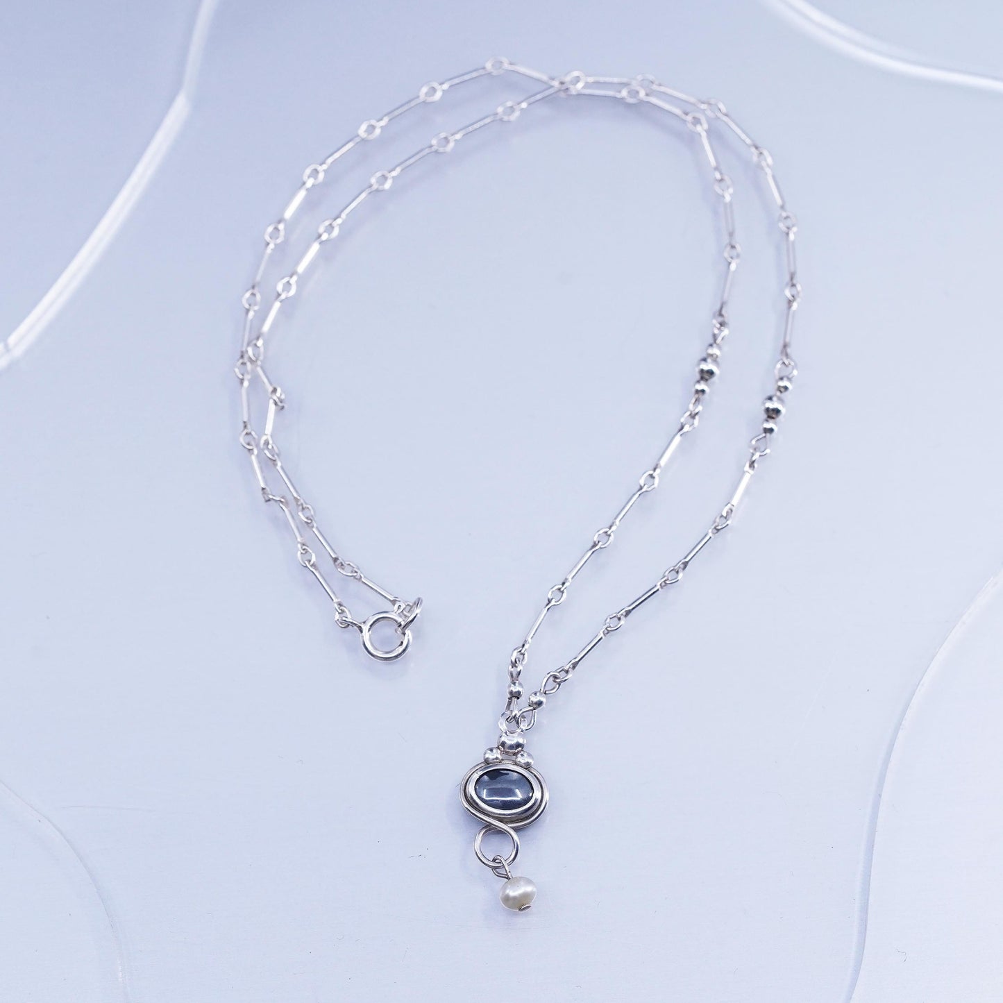 16”, Vintage Sterling 925 silver handmade bar chain necklace hematite pendant