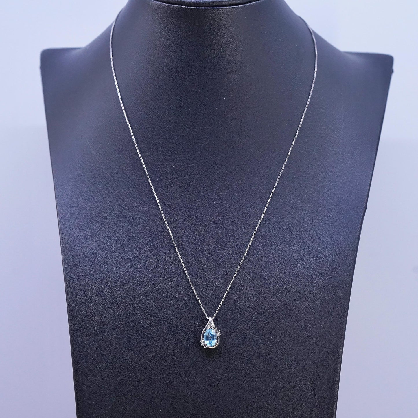18" RL Sterling silver necklace, 925 box chain topaz diamond 10K gold pendant