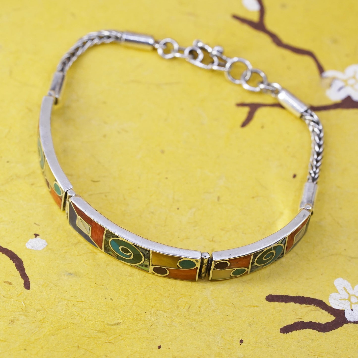 7”, vintage Peruvian Sterling silver handmade bracelet, Inca chakra 950 circle