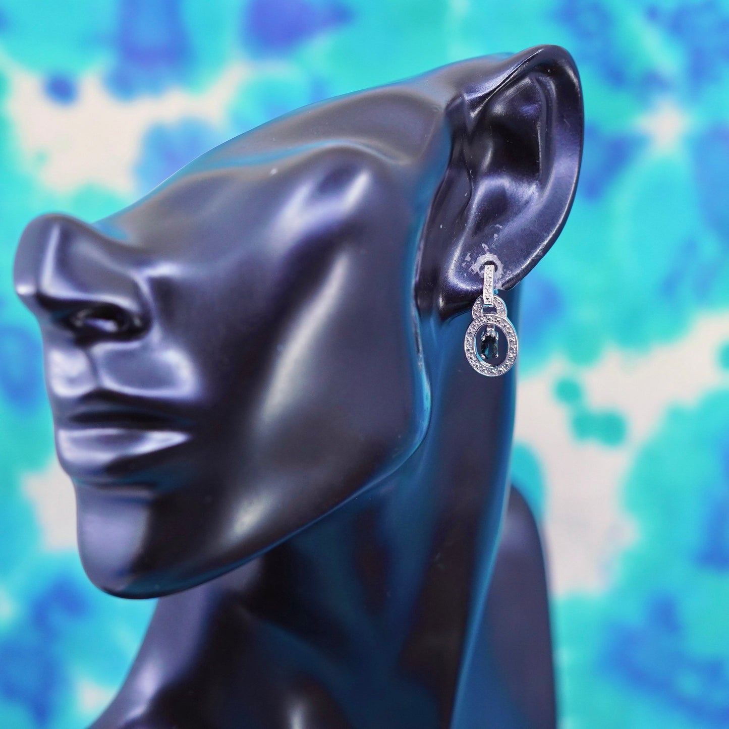 Vintage Sterling silver earrings, 925 oval drops with sapphire and diamond