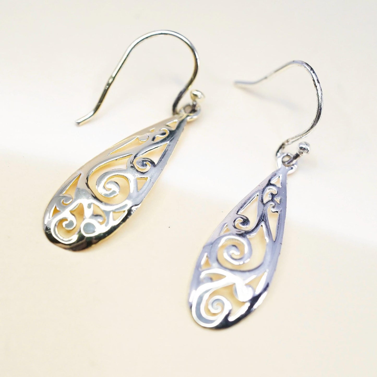 Vintage two tone sterling silver handmade earrings, 925 filigree teardrops