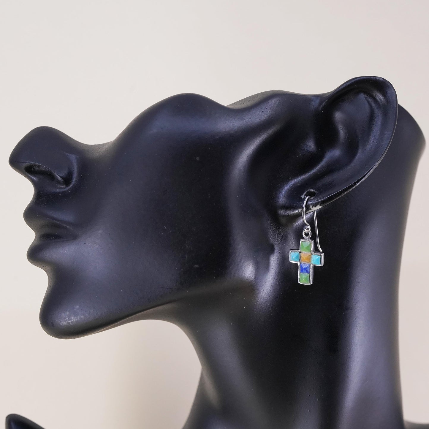 Native American Sterling 925 silver handmade earrings, cross coral turquoise
