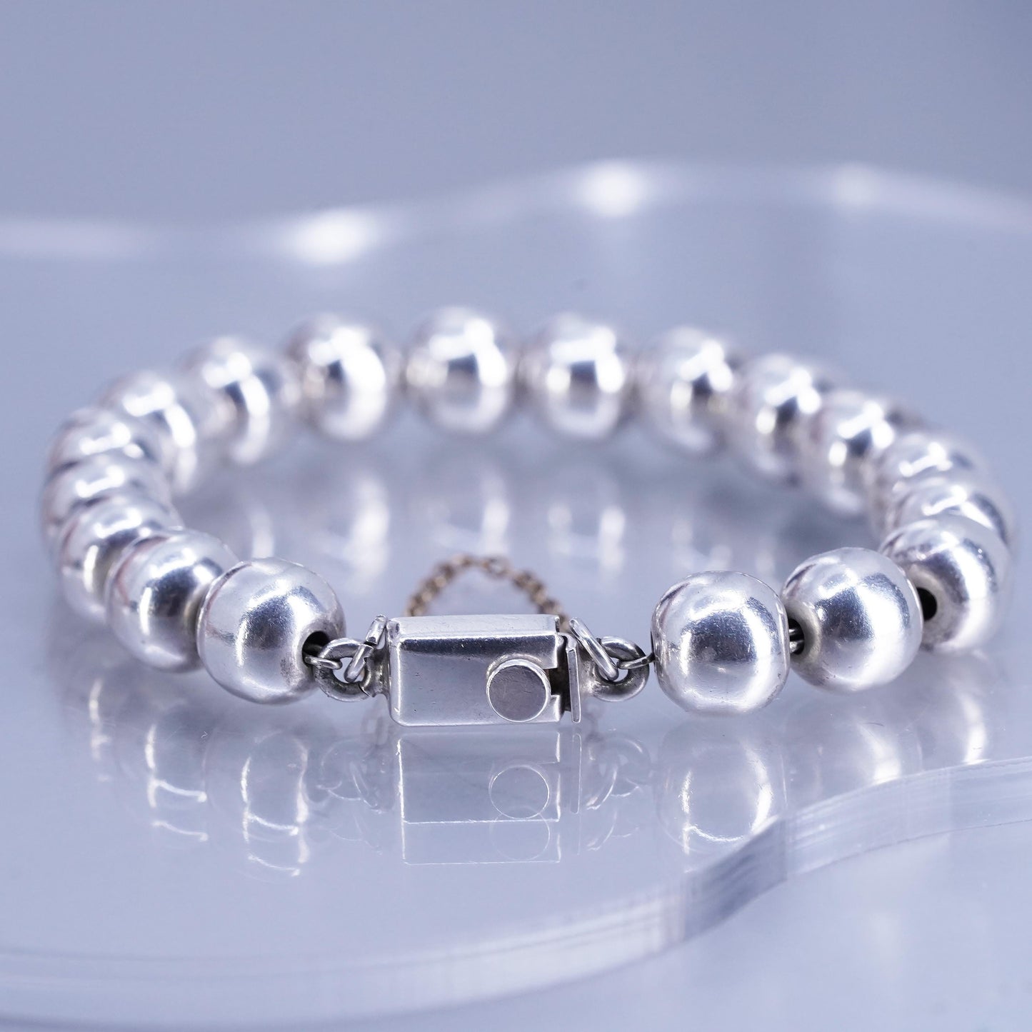 6.75”, 10mm, vintage Mexican Sterling 925 silver handmade bold bead bracelet