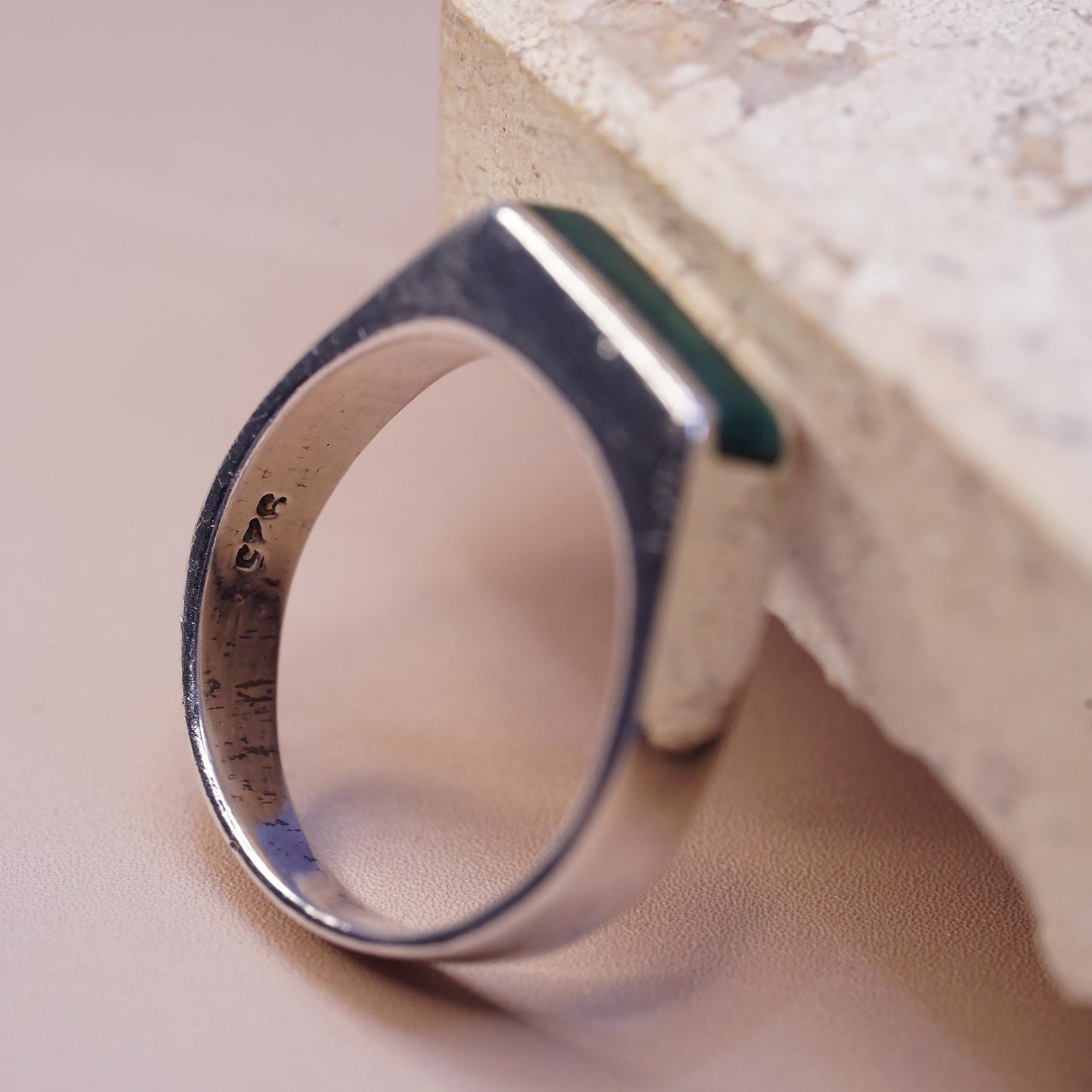 Size 7.25, vintage Sterling silver engagement ring, 925 band with malachite