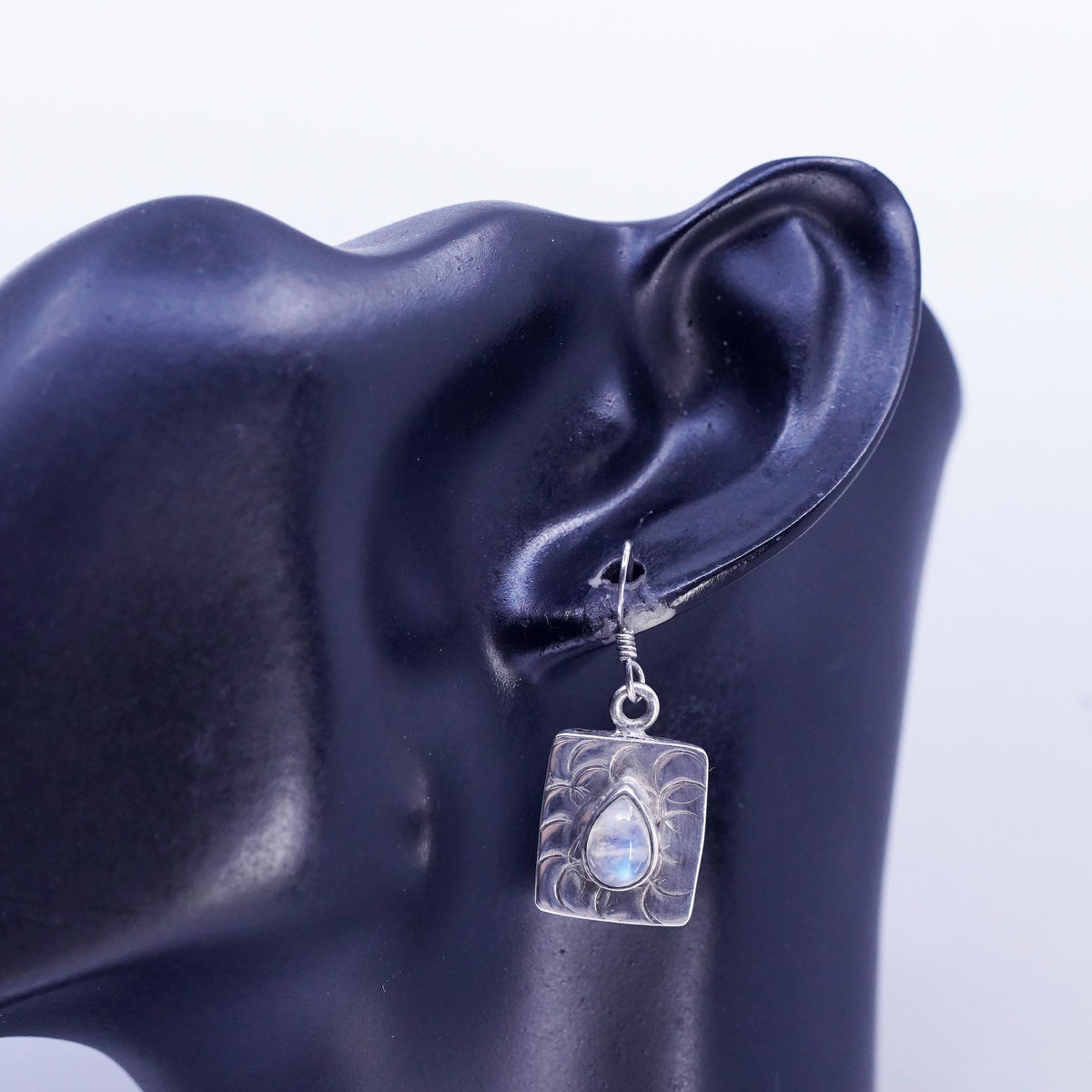Vintage Sterling 925 silver textured square earrings teardrop moonstone