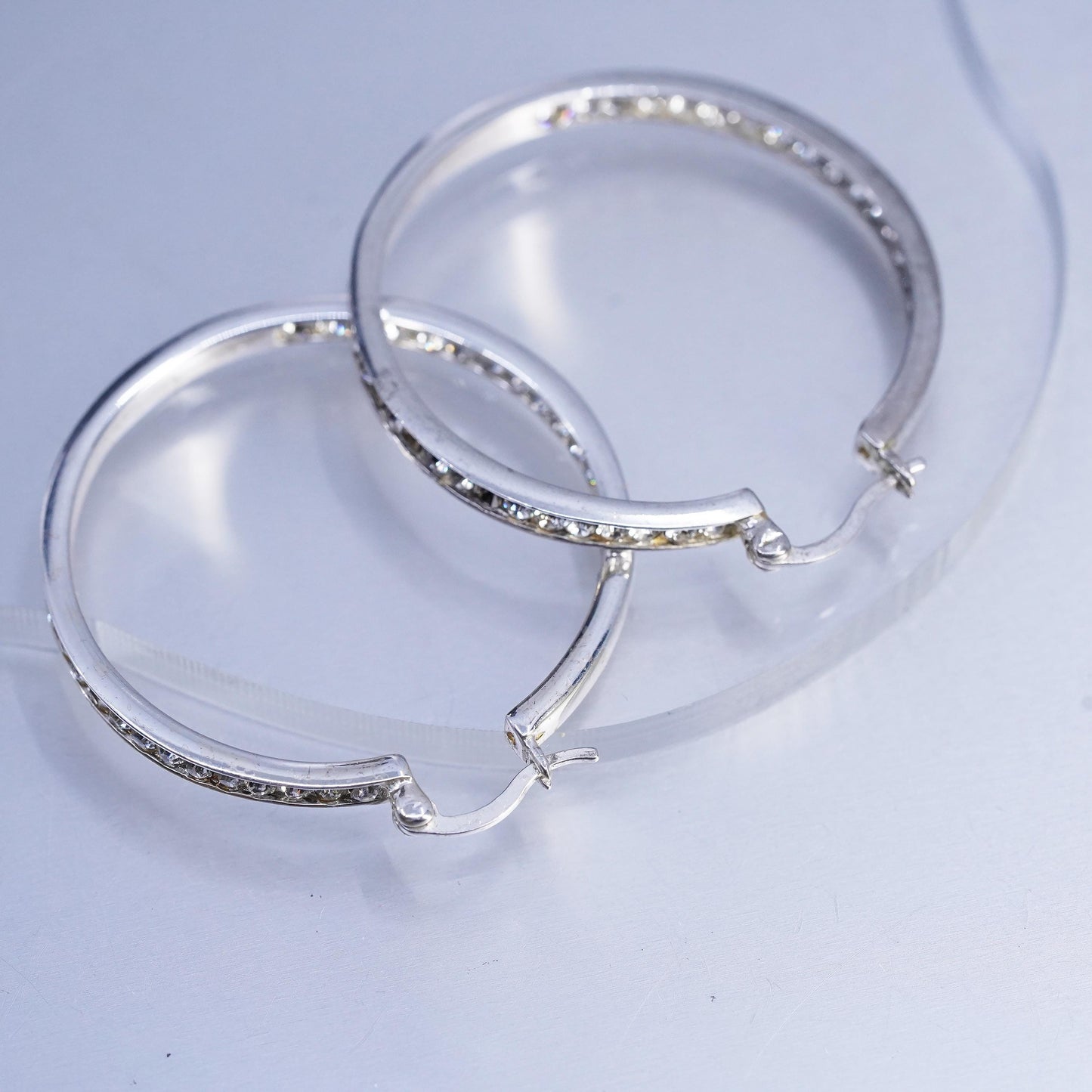 1.5", MISSING CZ vintage Sterling silver earrings, 925 hoops with cluster cz