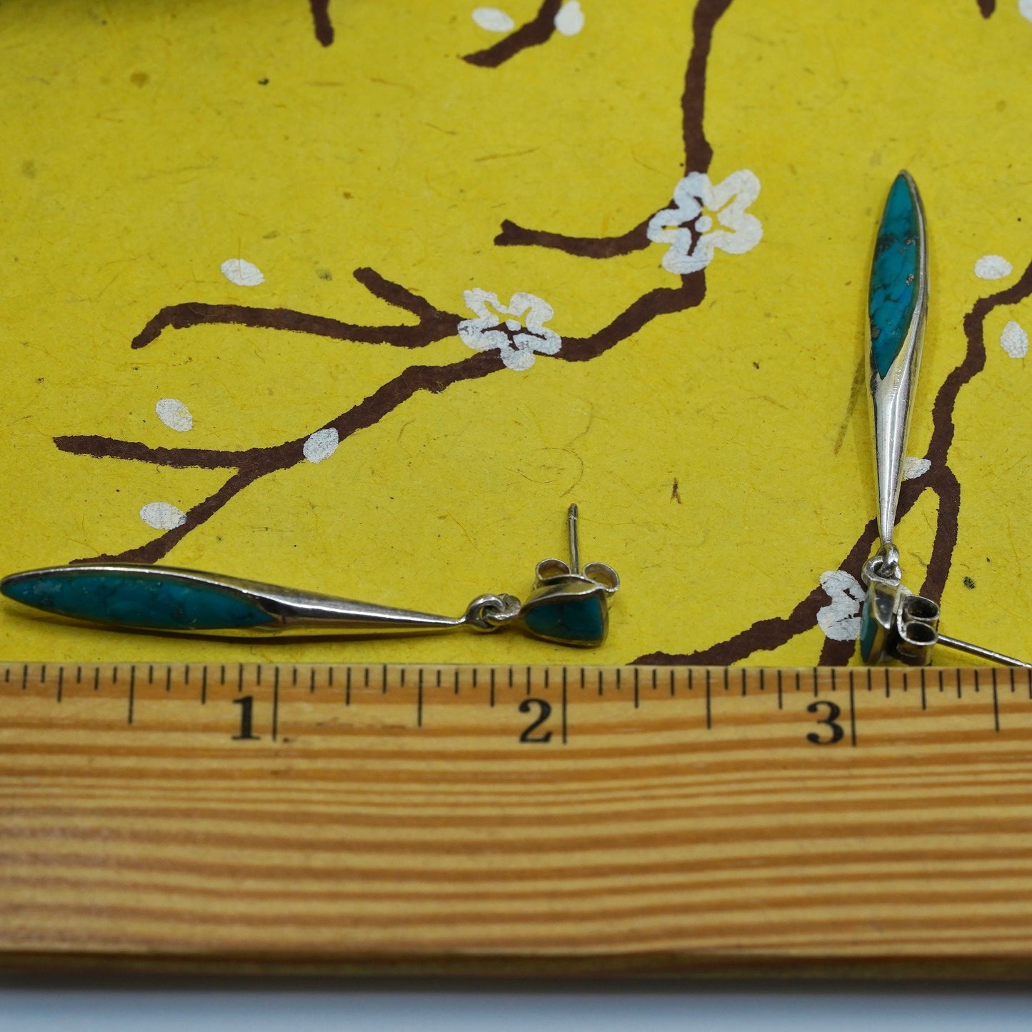 Vintage southwestern Sterling silver 925 handmade long earrings with turquoise