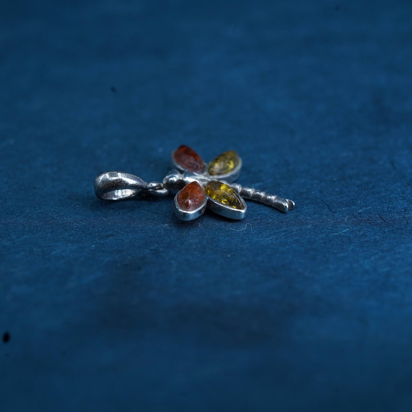 Vintage Sterling silver handmade pendant, 925 dragonfly with amber