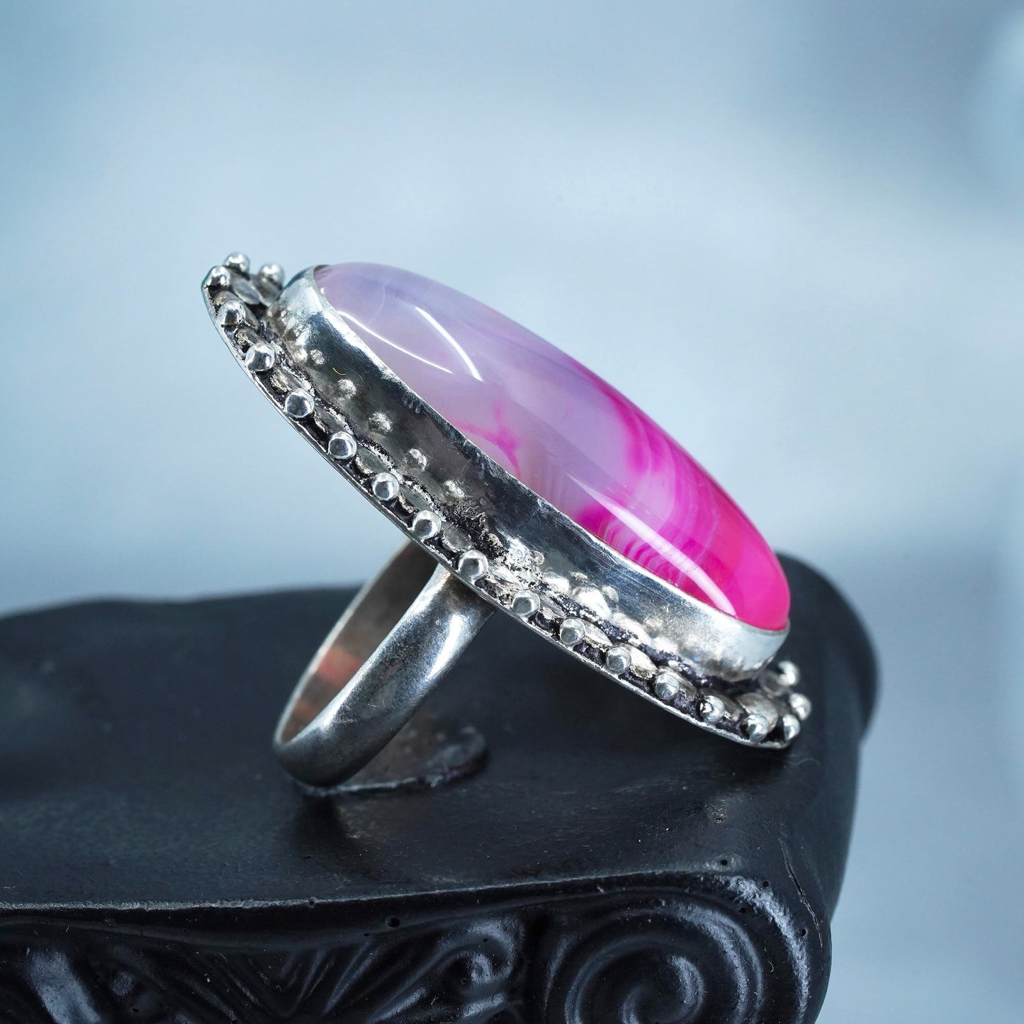 Size 8, vintage Sterling 925 silver handmade ring with landscape pink agate