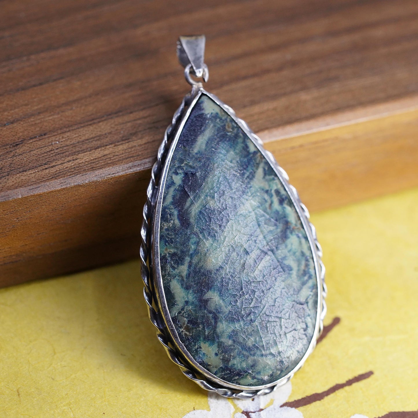 Vintage Sterling 925 silver handmade teardrop pendant dyed Mable textured wood