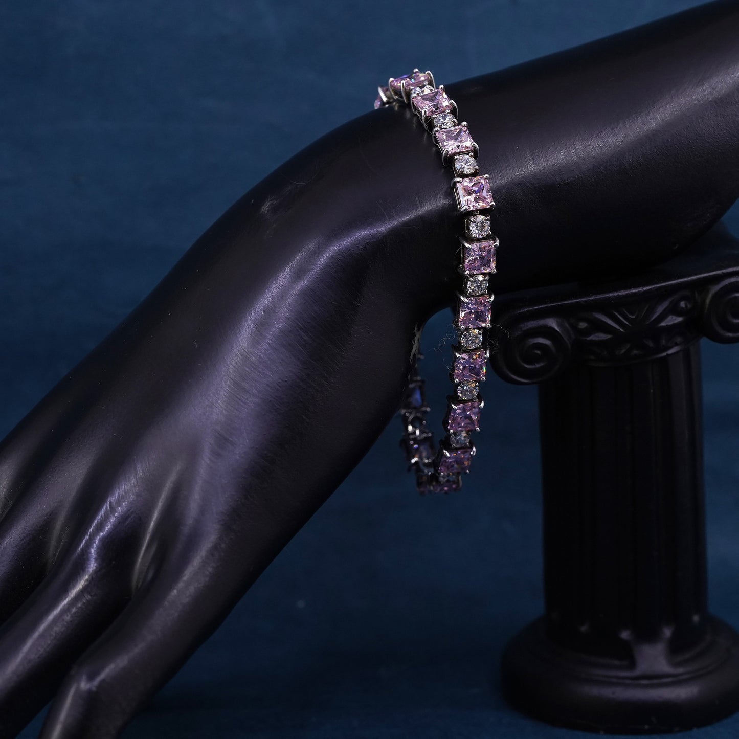 7.25”, vintage Sterling silver tennis bracelet, solid 925 silver pink crystal