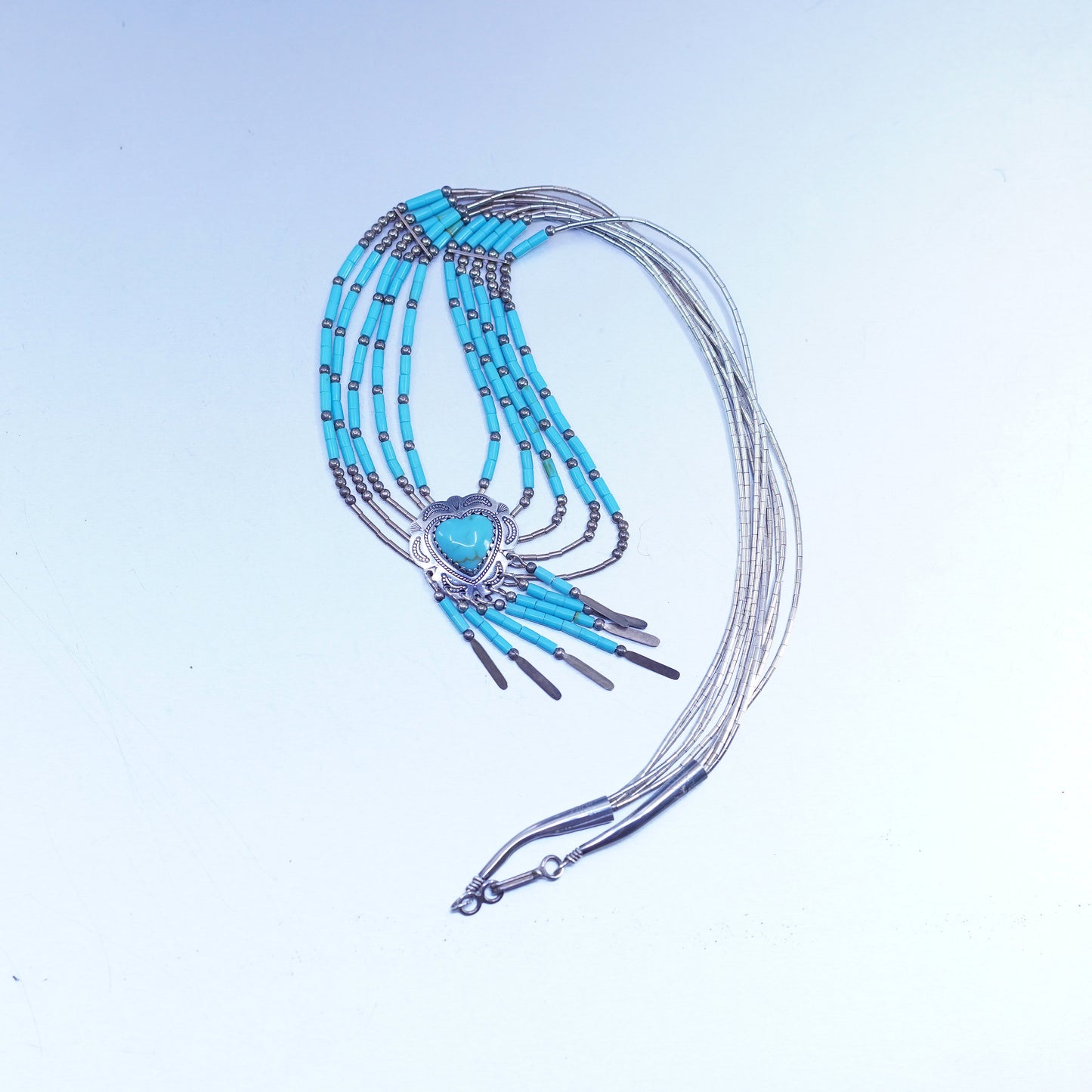 18”, liquid Sterling 925 silver strands necklace, Native American turquoise