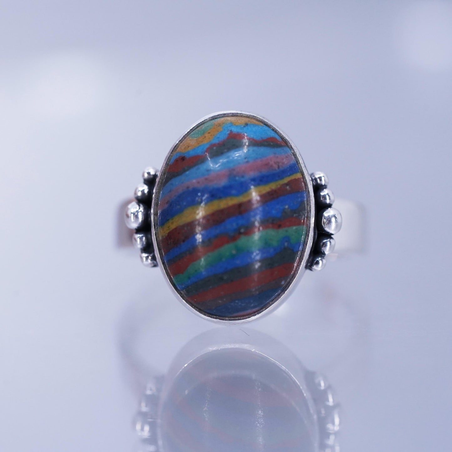 Size 8.75, vintage Sterling 925 silver handmade ring with landscape agate